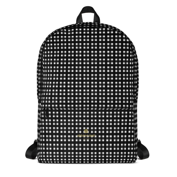 Black White Buffalo Plaid Print Classic Travel School Backpack Bag- Made in USA/EU-Backpack-Heidi Kimura Art LLC Black Buffalo Backpack, Buffalo White And Black Plaid Print Designer Medium Size (Fits 15" Laptop) Water Resistant Preppy College Unisex Backpack for Travel/ School/ Work - Made in USA/ Europe