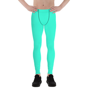 Turquoise Neon Blue Solid Color Men's Running Leggings Meggings-Made in USA/EU-Men's Leggings-XS-Heidi Kimura Art LLC