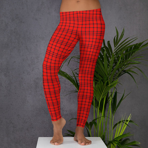 Red Plaid Print Leggings, Scottish Tartan Women's Tights-Made in USA/EU-Heidi Kimura Art LLC-Heidi Kimura Art LLC