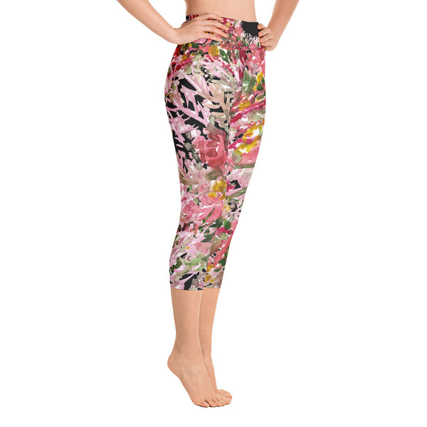 Women's Fall Red Leaves Print Yoga Capri Floral Leggings Yoga Pants - Made in USA-Capri Yoga Pants-Heidi Kimura Art LLC