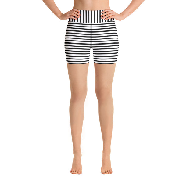 Stretchy Black White Striped Print Women's Premium Yoga Tight Workout Shorts- Made in USA/EU-Yoga Shorts-Heidi Kimura Art LLC