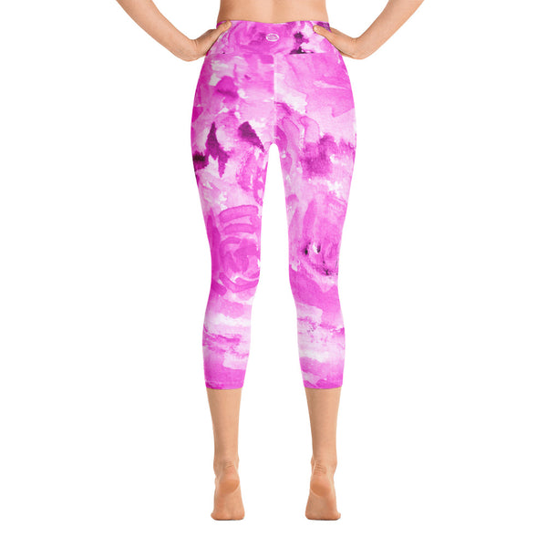 Pink Floral Print Women's Yoga Capri Pants Leggings With Pockets- Made In USA-Capri Yoga Pants-Heidi Kimura Art LLC