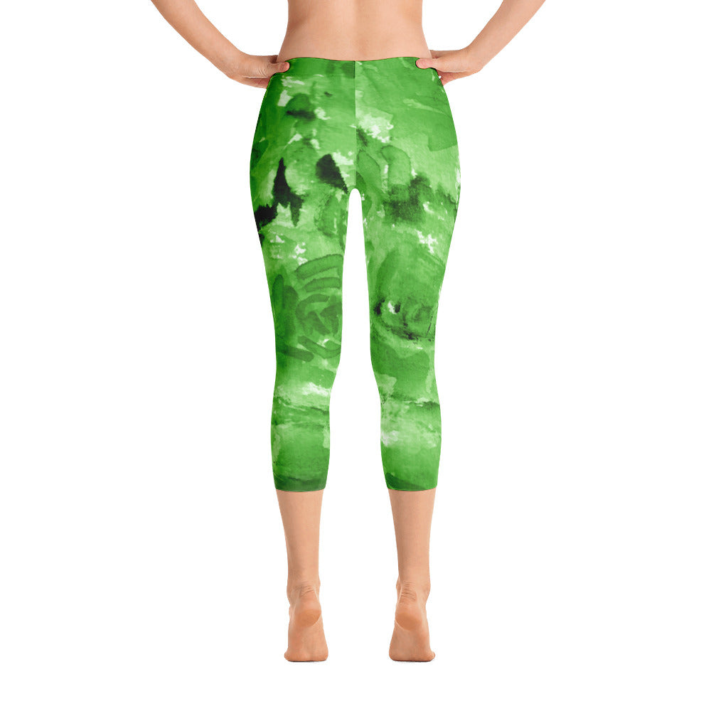Green Rose Floral Designer Capri Leggings Spandex Tights- Made in USA (US Size: XS-XL)-capri leggings-XS-Heidi Kimura Art LLC