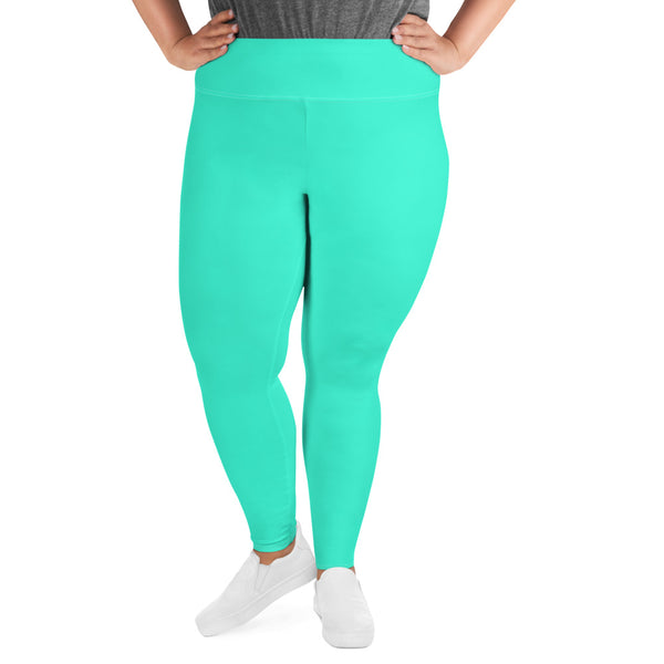 Turquoise Blue Bright Solid Color Print Plus Size Stretchy Yoga Leggings- Made in USA/EU-Women's Plus Size Leggings-Heidi Kimura Art LLC Turquoise Blue Plus Size Leggings, Bright Turquoise Blue Solid Color Print Women's Best Premium Quality Fun Plus Size Leggings  - Made in USA/EU (US Size: 2XL-6XL) Plus Size Leggings Good Quality, Fun Plus Size Leggings