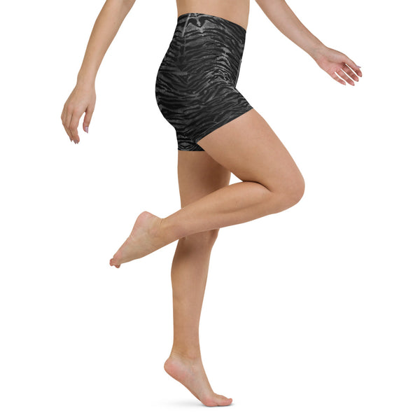 Grey Black Tiger Yoga Shorts, Striped Animal Print Premium Quality Women's High Waist Spandex Fitness Workout Yoga Shorts, Yoga Tights, Fashion Gym Quick Drying Short Pants With Pockets - Made in USA/EU (US Size: XS-XL)