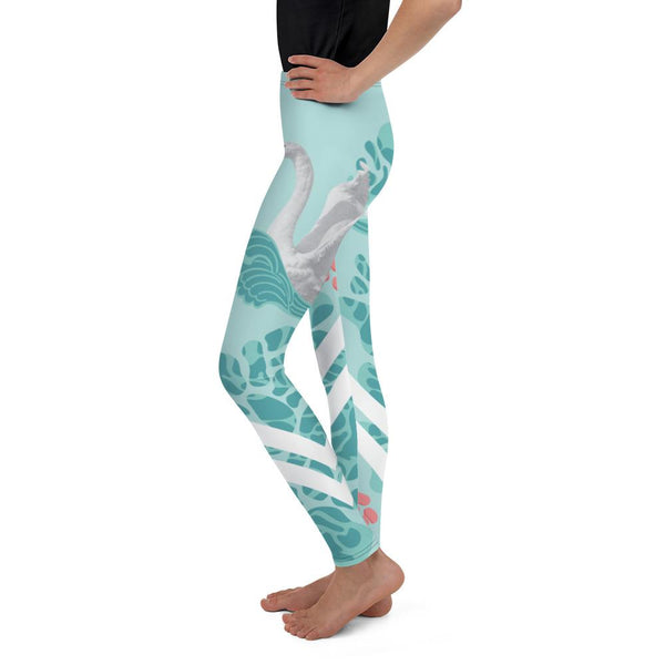Light Blue Swan Print Premium Youth Leggings Stylish Workout Pants - Made in USA/EU-Youth's Leggings-Heidi Kimura Art LLC