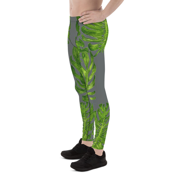 Medium Gray Green Tropical Leaf Print Men's Leggings-Made in USA/EU (US Size: XS-3XL)-Men's Leggings-Heidi Kimura Art LLC