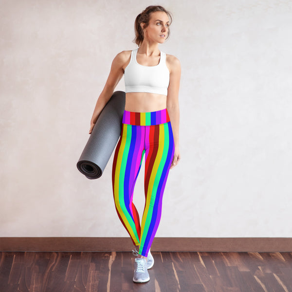 Gay Pride Rainbow Striped Tights, Colorful Ladies Yoga Leggings-Made in USA/EU-Heidi Kimura Art LLC-Heidi Kimura Art LLC