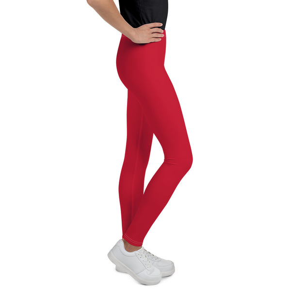Bright Christmas Red Solid Color Youth Gym Compression Tight Leggings-Made in USA/EU-Youth's Leggings-Heidi Kimura Art LLC