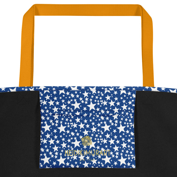 Blue White Star Pattern Print Designer Large 16"x20" Unisex Beach Tote Bag- Made in USA/EU-Beach Tote Bag-Heidi Kimura Art LLC