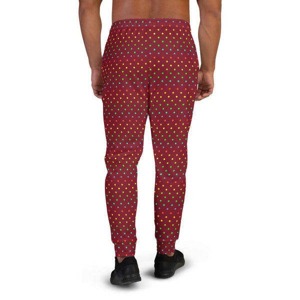 Dark Red Polka Dots Rainbow Print Men's Joggers-Made in EU (US Size: XS-3XL)-Men's Joggers-Heidi Kimura Art LLC