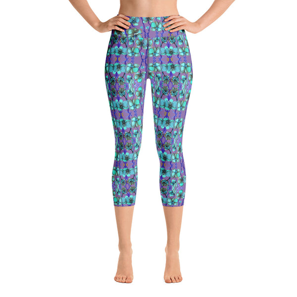 Purple Blue Capris Tights, Orchids Floral Print Pattern Women's Yoga Capri Leggings-Heidi Kimura Art LLC-Heidi Kimura Art LLC