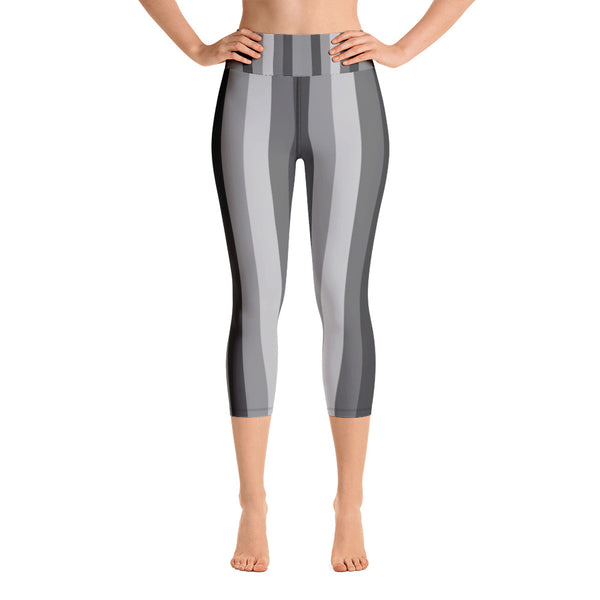 Gray Striped Women's Yoga Capri Pants Leggings With Pockets- Made in USA-Capri Yoga Pants-XS-Heidi Kimura Art LLC
