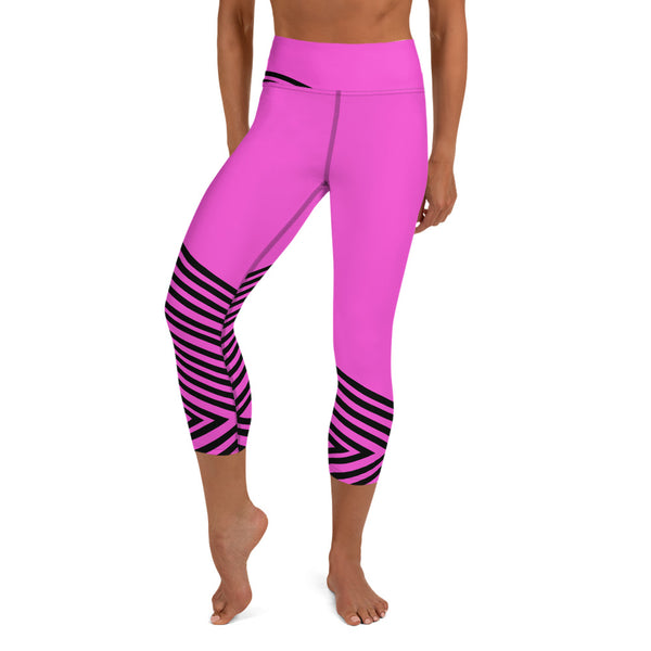 Pink Striped Yoga Capri Leggings, Modern Sporty Women's Capri Tights-Made in USA/EU-Heidi Kimura Art LLC-Heidi Kimura Art LLC
