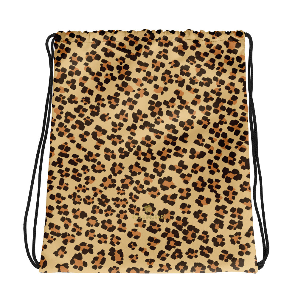 Brown Leopard Animal Print Designer 15”x17” Drawstring Bag For Travel- Made in USA/EU-Drawstring Bag-Heidi Kimura Art LLC Brown Leopard Drawstring Bag, Brown Leopard Animal Print Women's 15”x17” Designer Premium Quality Best Drawstring Bag For Travel or School -Made in USA/Europe