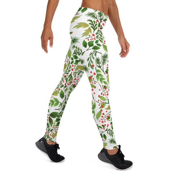 Christmas Floral Print Green Red Women's Long Yoga Pants Leggings- Made in USA/EU-legging-Heidi Kimura Art LLC