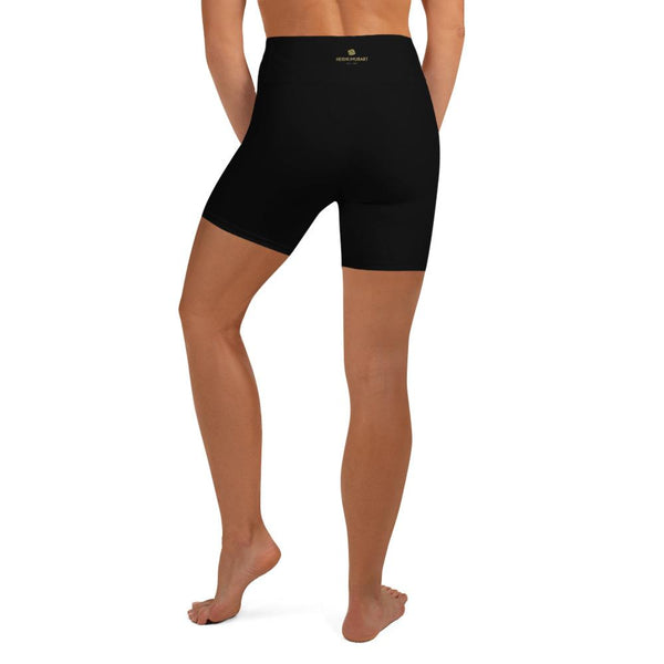 Black Solid Color Women's Workout Fitness Yoga Shorts With Pockets- Made in USA-Yoga Shorts-Heidi Kimura Art LLC