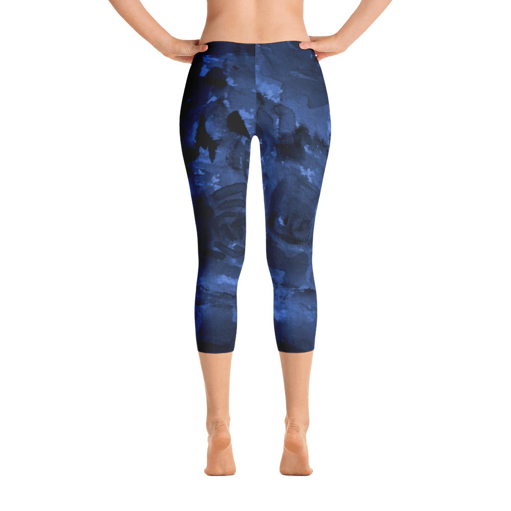 Calming Blue Rose Floral Designer Capri Leggings Spandex Tight Pants - Made in USA/EU-capri leggings-XS-Heidi Kimura Art LLC