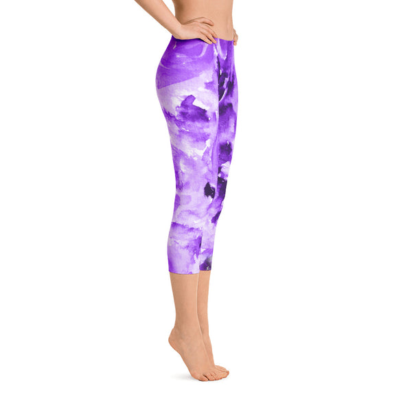 Purple Rose Floral Designer Capri Leggings Activewear Outfit Yoga Pants - Made in USA-capri leggings-Heidi Kimura Art LLC Purple Rose Floral Capris Tights, Purple Rose Floral Print Designer Capri Leggings Activewear Outfit, Yoga Pants - Made in USA/EU/MX (US Size: XS-XL)