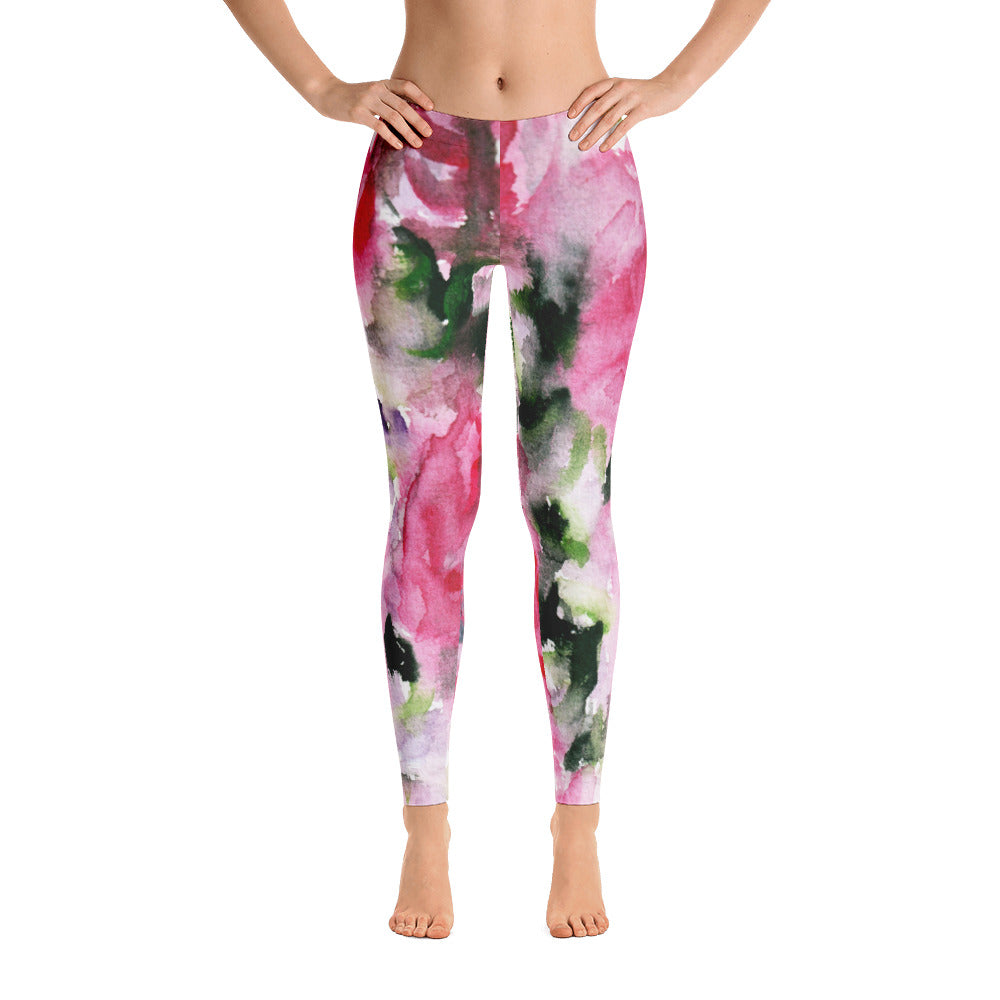 Pink French Style Long Tights, Best Girlie Floral Print Women's Tights /  Casual Leggings - Made in USA (US Size: XS-2XL)