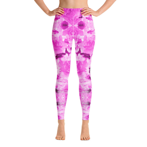 Hot Pink Floral Yoga Leggings, Abstract Print Women's Tights-Made in USA/EU-Heidi Kimura Art LLC-Heidi Kimura Art LLC