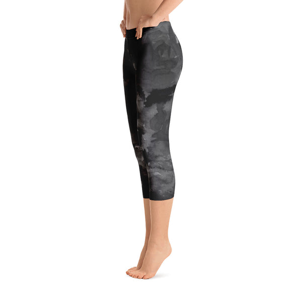 Gray Black Rose Floral Print Women's Capri Leggings Spandex Tights - Made in USA-capri leggings-Heidi Kimura Art LLC