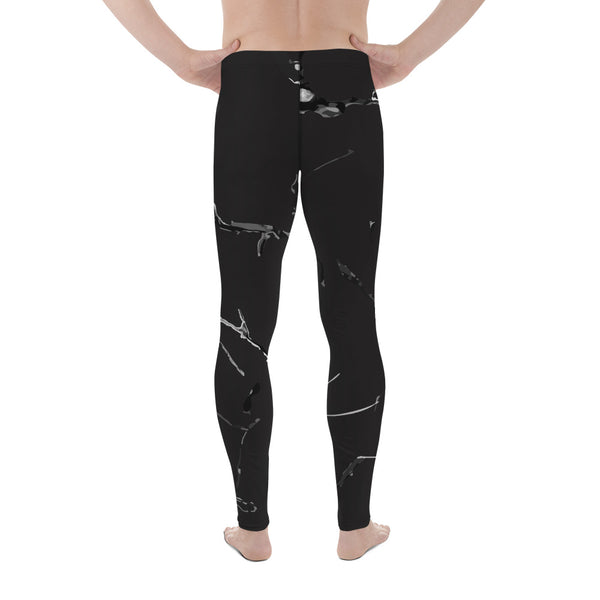 Black Marble Print Sexy Meggings, Premium Men's Workout Leggings-Made in USA/EU-Men's Leggings-Heidi Kimura Art LLC