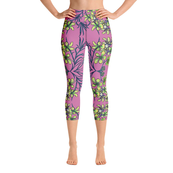 Pink Orchids Yoga Capri Leggings, Floral Print Womens' Capri Tights-Made in USA/EU-Heidi Kimura Art LLC-Heidi Kimura Art LLC