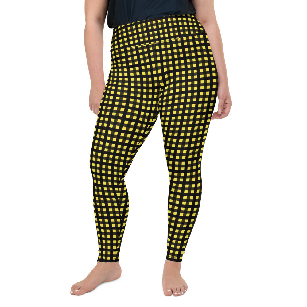 Yellow Buffalo Plus Size Leggings, Black Women's Plaid Print Yoga Pants-  Made in USA/EU