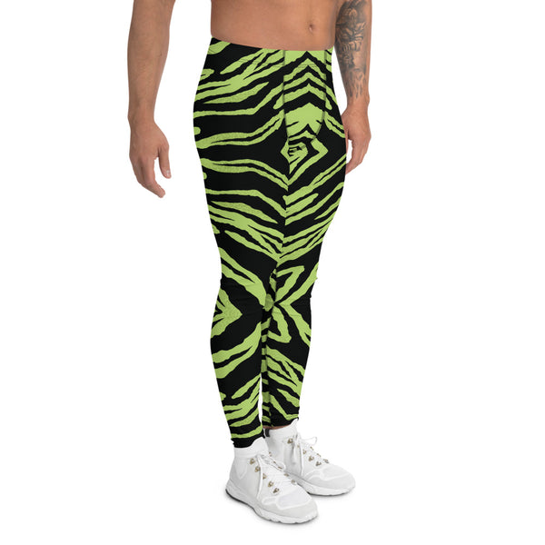 Green Striped Men's Leggings, Zebra Animal Print Meggings-Made in USA/EU-Heidi Kimura Art LLC-Heidi Kimura Art LLC