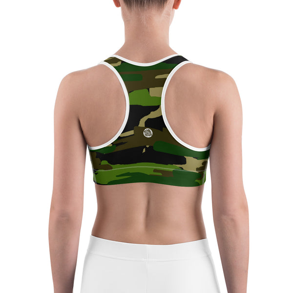 Green Military Army Print Camo Print Women's Gym Yoga Sports Bra -Made in USA/ EU-Sports Bras-Heidi Kimura Art LLC