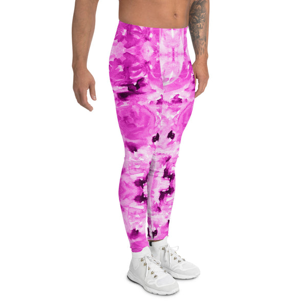 Pink Floral Men's Leggings, Abstract Print Sexy Premium Classic Elastic Comfy Men's Leggings Fitted Tights Pants - Made in USA/EU (US Size: XS-3XL) Spandex Meggings Men's Workout Gym Tights Leggings, Compression Tights, Kinky Fetish Men Pants