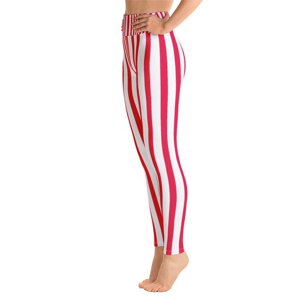 Women's White & Red Stripe Active Wear Fitted Leggings - Made in USA-Leggings-Heidi Kimura Art LLC