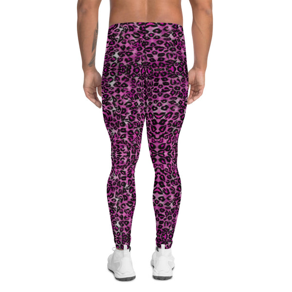 Pink Leopard Print Men's Leggings, Sexy Animal Print Meggings Running Tights For Men-Heidikimurart Limited -Heidi Kimura Art LLC Pink Leopard Print Men's Leggings, Pink Colorful Animal Print Leopard Modern Meggings, Men's Leggings Tights Pants - Made in USA/EU/MX (US Size: XS-3XL) Sexy Meggings Men's Workout Gym Tights Leggings