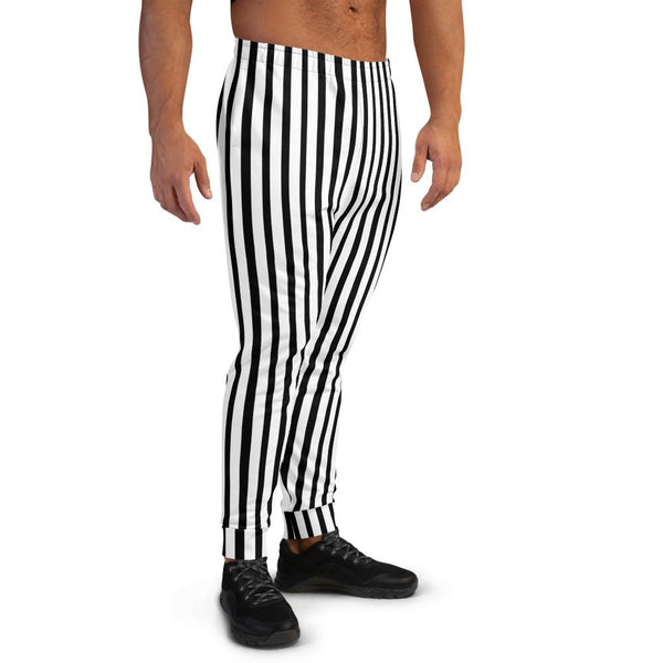 Black White Striped Men's Joggers, Modern Casual Stripe Print Sweatpants- Made in EU-Men's Joggers-Heidi Kimura Art LLC