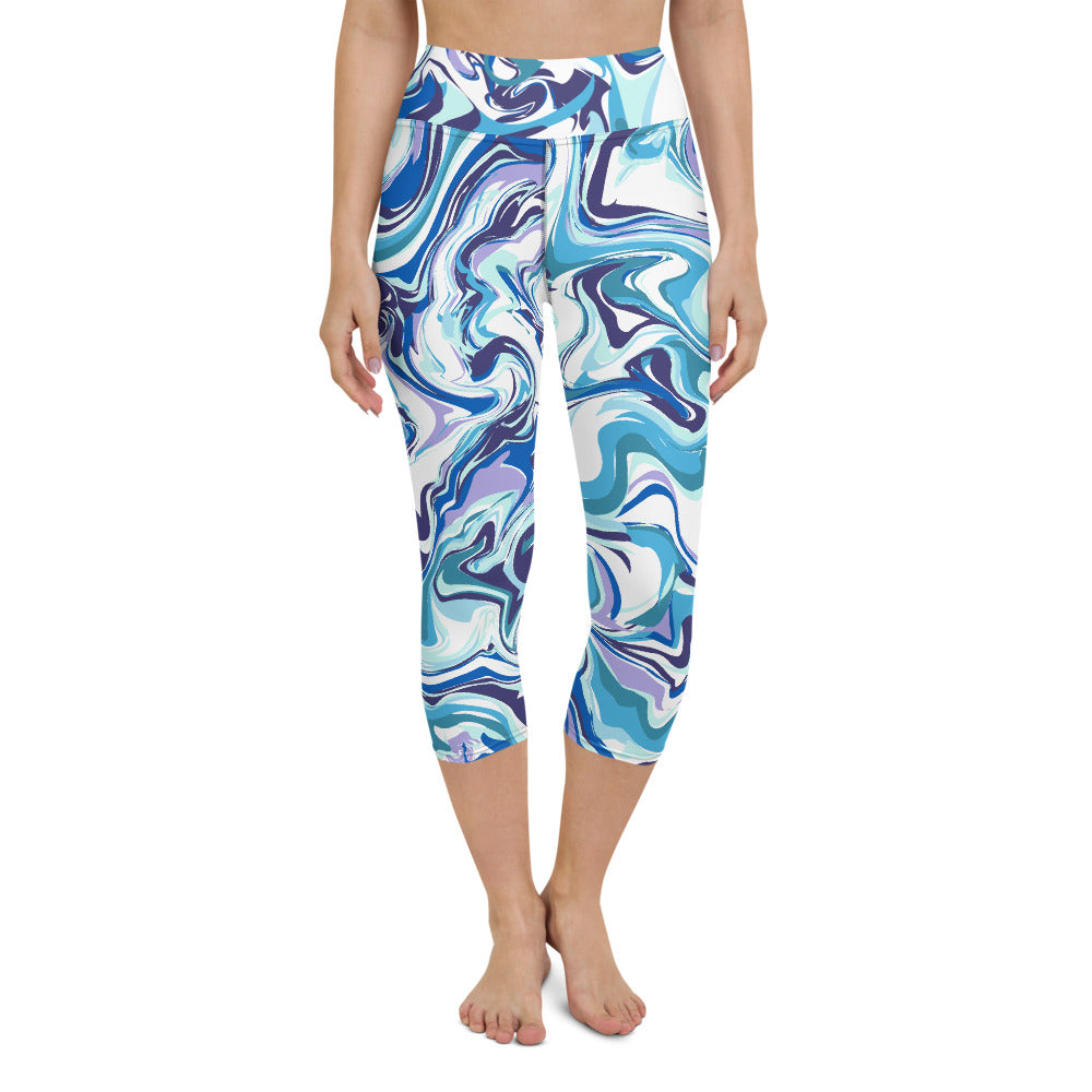 Blue Abstract Yoga Capri Leggings, Patterned Women's Capris Tights