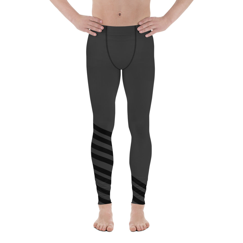 Black Gray Diagonal Striped Meggings, Athletic Running Leggings Run Tights-Made in USA/EU-Men's Leggings-XS-Heidi Kimura Art LLC