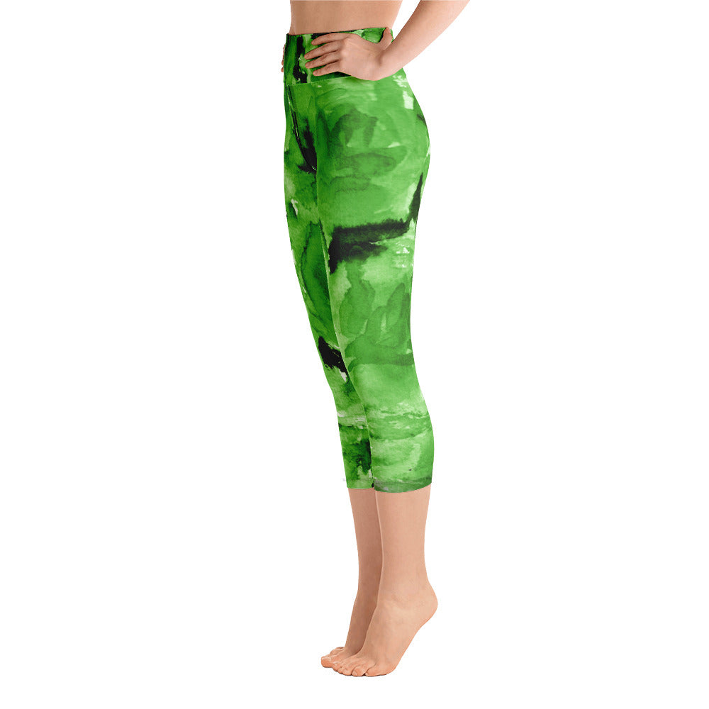 Green Floral Capri Leggings, Rose Women's Capris Yoga Pants Tights ...