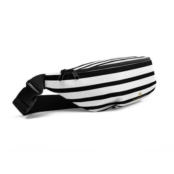 Black White Modern Horizontal Stripe Print Designer Fanny Pack Bag- Made in USA/EU-Fanny Pack-Heidi Kimura Art LLC