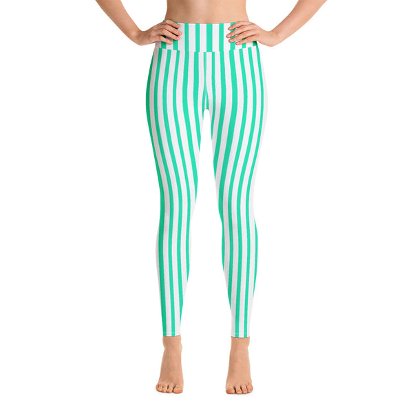 Blue Striped Yoga Leggings, Women's Yoga Pants- Made in USA/EU-Heidi Kimura Art LLC-Heidi Kimura Art LLC