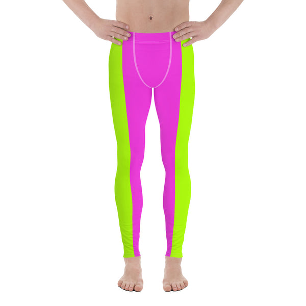 Neon Green Pink Men's Leggings, Dual Color Modern Meggings-Made in USA/EU-Heidi Kimura Art LLC-Heidi Kimura Art LLC Neon Green Pink Men's Leggings, Dual Color Modern Bright Sexy Meggings Men's Workout Gym Tights Leggings, Men's Compression Tights Pants - Made in USA/ EU (US Size: XS-3XL) 