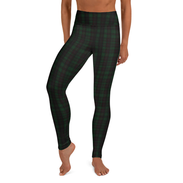 Dark Green Plaid Women's Yoga Pants, Tartan Print Yoga Leggings-Made in USA/EU-Heidi Kimura Art LLC-XS-Heidi Kimura Art LLC