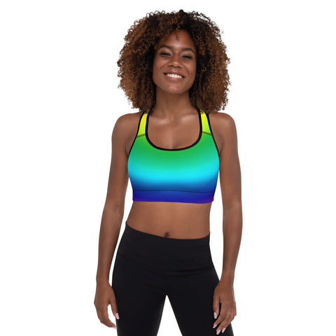 Radial Rainbow Ombre Print Women's Padded Gym Fitness Sports Bra- Made in USA/EU-Sports Bras-Black-XS-Heidi Kimura Art LLC