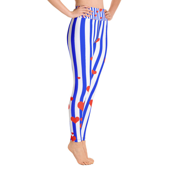 Women's Patriotic Blue & White Striped Red Hearts Long Yoga & Barre Pants -Made in USA-Leggings-Heidi Kimura Art LLC Blue Striped Women's Leggings, Women's American Flag Patriotic Blue & White Striped Red Hearts Active Wear Fitted Leggings Sports Long Yoga & Barre Pants - Made in USA/EU (US Size: XS-6XL)