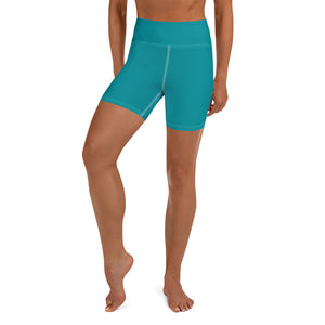 Teal Blue Solid Color Premium Quality Fitness Workout Yoga Shorts- Made in USA-Yoga Shorts-XS-Heidi Kimura Art LLC Teal Blue Yoga Shorts, Teal Blue Solid Color Premium Quality Women's High Waist Spandex Fitness Workout Yoga Shorts, Yoga Tights, Fashion Gym Quick Drying Short Pants With Pockets - Made in USA/EU (US Size: XS-XL)