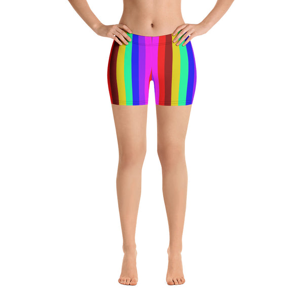 Rainbow Stretchy Shorts, Gay Pride Parade Short Tights-Made in USA/EU-Heidi Kimura Art LLC-Heidi Kimura Art LLC Rainbow Stretchy Shorts, Vertical Striped Gay Pride Parade Printed Women's Elastic Stretchy Shorts Short Tights -Made in USA/EU (US Size: XS-3XL) Plus Size Available, Tight Pants, Pants and Tights, Womens Shorts, Short Yoga Pants