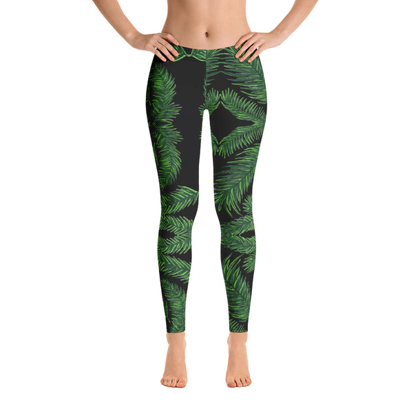 Green Tropical Leaves Leggings, Palm Leaf Print Women's Casual Tights-Made in USA/EU-Heidi Kimura Art LLC-Heidi Kimura Art LLC