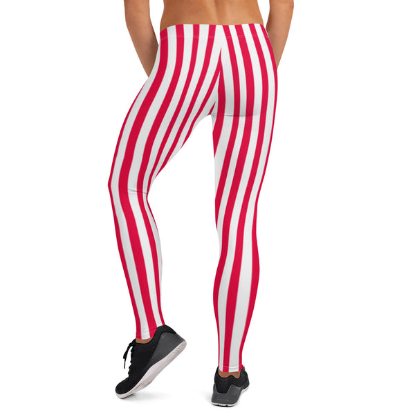 Red White Striped Women's Leggings, Circus Casual Tights For Ladies-Made in USA/EU-Heidikimurart Limited -Heidi Kimura Art LLC
