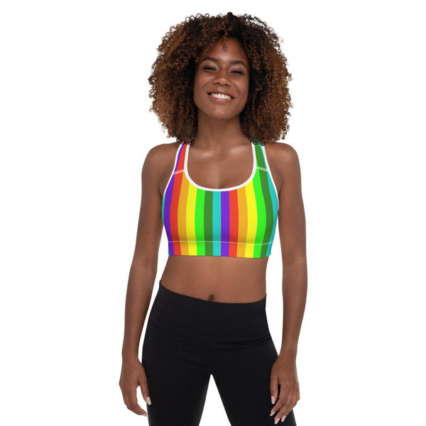 Bright Rainbow Vertical Stripe Women's Padded Fitness Gym Sports Bra-Made in USA/EU-Sports Bras-White-XS-Heidi Kimura Art LLC