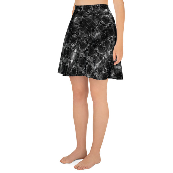Gray Rose Floral Skater Skirt, Floral Print High-Waisted Mid-Thigh Women's Tennis A-Line Skater Skirt, Plus Size Available - Made in USA/EU (US Size: XS-3XL)  